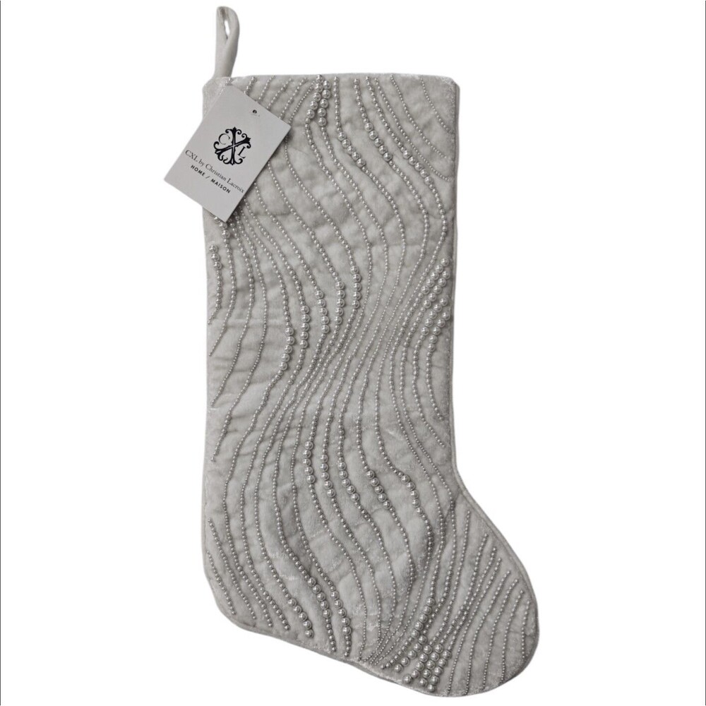NWT CXL Christian Lacroix Christmas Stocking White Beaded 22"  Velvet Pearls New